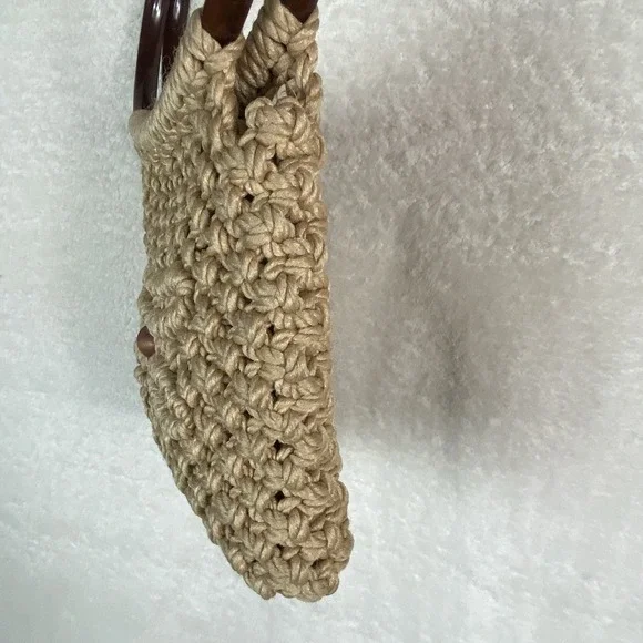 Vintage Cream Handmade Macrame‎ Purse Oval Handle 1970's Bead Crochet Small - Picture 5 of 9